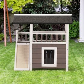 2-Tier Outdoor Wooden Dog House, Weatherproof Dog Hutch with A Large Balcony, Sisal Scratching Pad Ladder, Gift for Pets, Gray and White